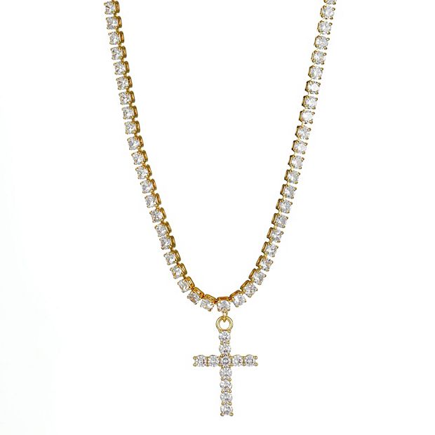 Gold Tone Cubic Zirconia Cross Pendant Tennis Necklace