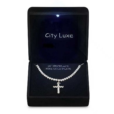 Gold Tone Cubic Zirconia Cross Pendant Tennis Necklace