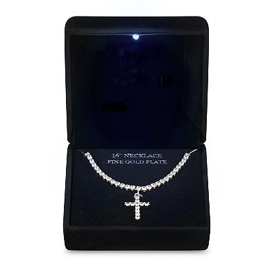 Gold Tone Cubic Zirconia Cross Pendant Tennis Necklace