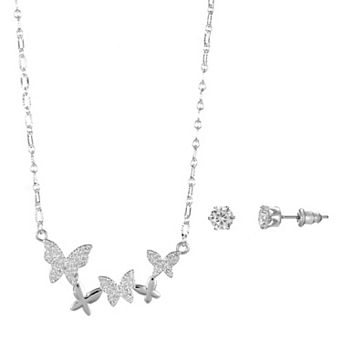 Silver Tone Cubic Zirconia Butterfly Cluster Necklace & Stud Earrings Set