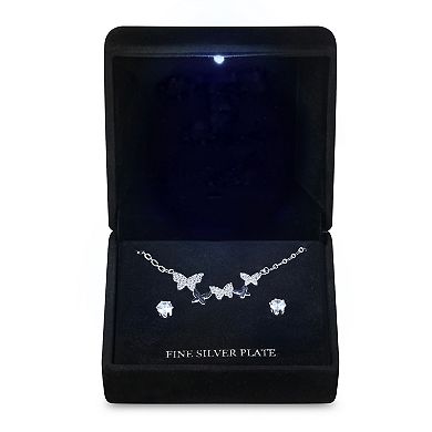 Silver Tone Cubic Zirconia Butterfly Cluster Necklace & Stud Earrings Set