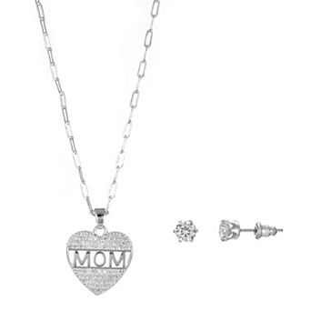 Silver Tone Cubic Zirconia "Mom" Heart Necklace & Stud Earrings Set