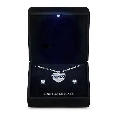 Silver Tone Cubic Zirconia "Mom" Heart Necklace & Stud Earrings Set