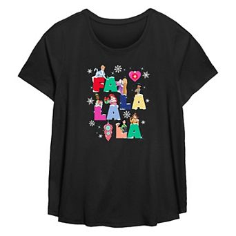 Disney Princess Cinderella, Rapunzel, Jasmine, Tiana, Ariel, Mulan & Belle Fa La La La Christmas Singing Plus Size Flowy Graphic Tee