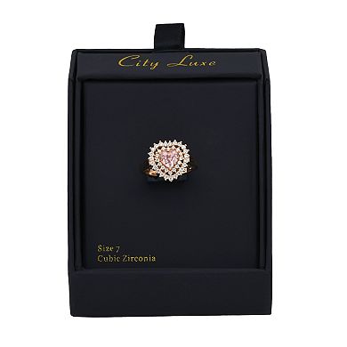 City Luxe Rose Gold Crystal & Cubic Zirconia Double Halo Heart Ring