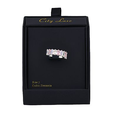 City Luxe Silver Tone Pink Tonal Cubic Zirconia & Crystal Baguette Ring