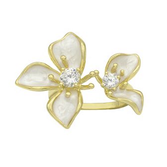 City Luxe Gold Tone Cubic Zirconia White Enamel Flower Ring
