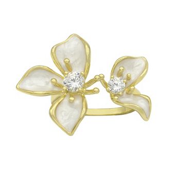 City Luxe Gold Tone Cubic Zirconia White Enamel Flower Ring