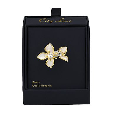 City Luxe Gold Tone Cubic Zirconia White Enamel Flower Ring