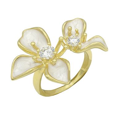 City Luxe Gold Tone Cubic Zirconia White Enamel Flower Ring