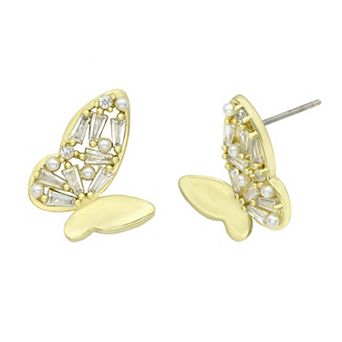 City Luxe Gold Tone Cubic Zirconia & Simulated Pearl Butterfly Stud Earrings