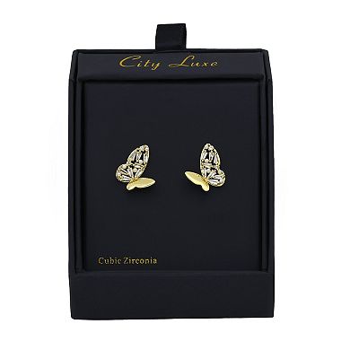City Luxe Gold Tone Cubic Zirconia & Simulated Pearl Butterfly Stud Earrings