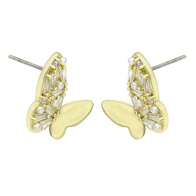City Luxe Gold Tone Cubic Zirconia & Simulated Pearl Butterfly Stud Earrings