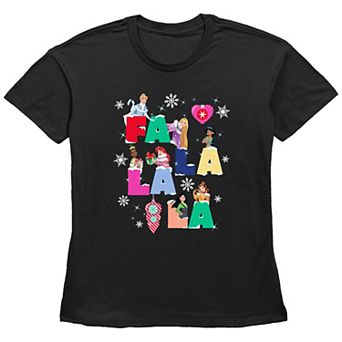 Disney Princess Cinderella, Rapunzel, Jasmine, Tiana, Ariel, Mulan & Belle Fa La La La Christmas Singing Women's Graphic Tee