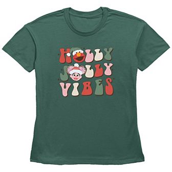 Women's PBS Kids Sesame Street Elmo And Abby Cadabby Holly Jolly Vibes Graphic Tee