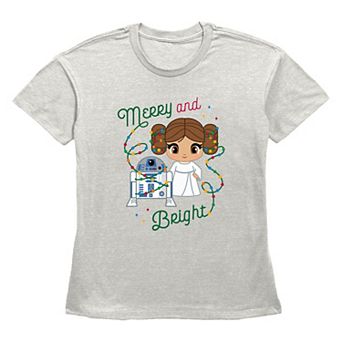 Women's Star Wars R2-D2 And Princess Leia Organa Merry And Bright Graphic Tee