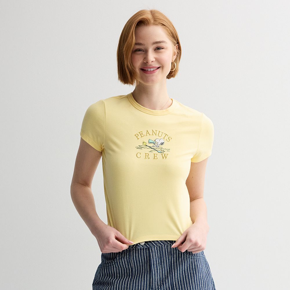 Juniors' Peanuts Snoopy And Woodstock Row Boat Crew Graphic Baby Tee