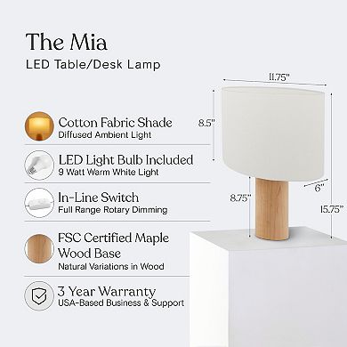 Mia 15.75" Midcentury Led Table Lamp With Maple Wood Base