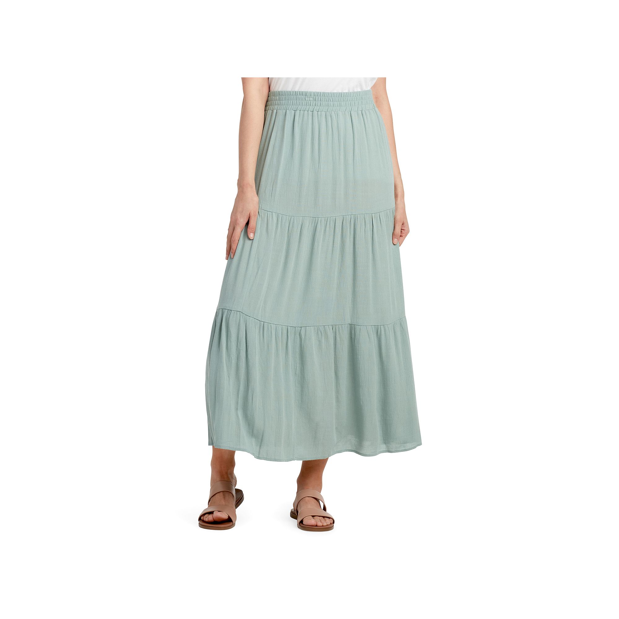Womens AB Studio Solid Crosshatch Pull-On Tiered Skirt, Size: XS, Green