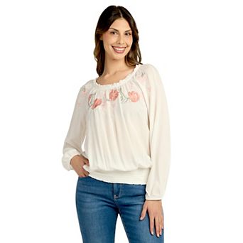 Women's AB Studio Ruffle Neck Elastic Hem Embroidery Top