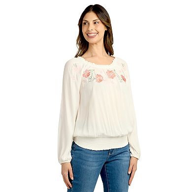 Women's AB Studio Ruffle Neck Elastic Hem Embroidery Top