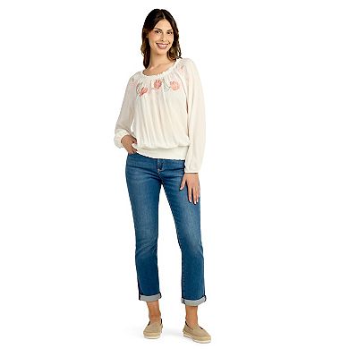 Women's AB Studio Ruffle Neck Elastic Hem Embroidery Top