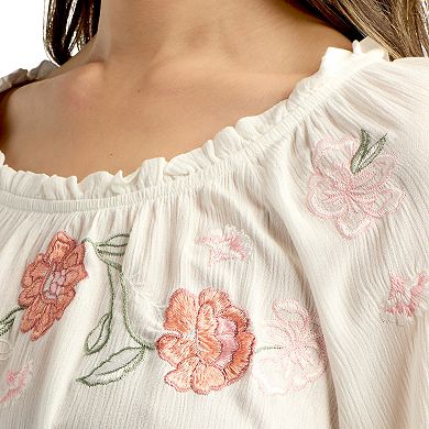 Women's AB Studio Ruffle Neck Elastic Hem Embroidery Top