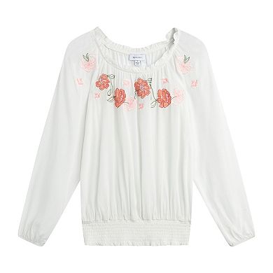 Women's AB Studio Ruffle Neck Elastic Hem Embroidery Top