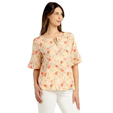 Women's AB Studio Elbow Sleeve Tie Neck Top