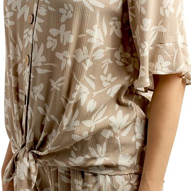 Women's AB Studio Elbow Sleeve Button-Front Tie Hem Top