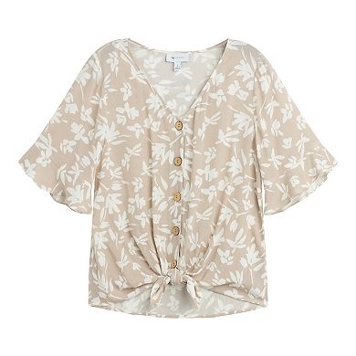 Women's AB Studio Elbow Sleeve Button-Front Tie Hem Top