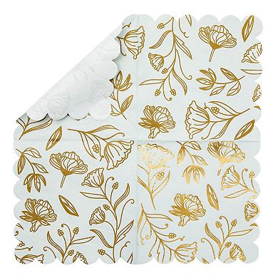50 Pack Blue Floral Party Scalloped Cocktail Paper Napkins, 3-ply, 5 X 5 In