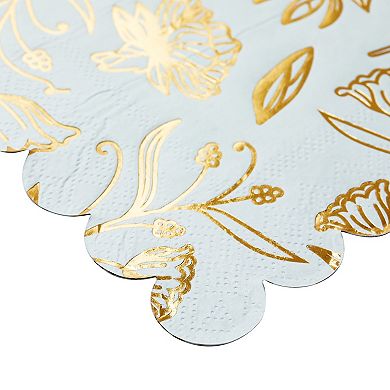 50 Pack Blue Floral Party Scalloped Cocktail Paper Napkins, 3-ply, 5 X 5 In
