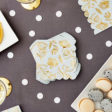 50 Pack Blue Floral Party Scalloped Cocktail Paper Napkins, 3-ply, 5 X 5 In