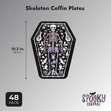 48pack Halloween Party Paper Plates, Disposable Skeleton Coffin Decor Bulk 10 In