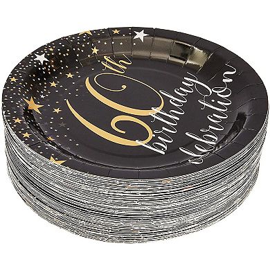 Sparkle And Bash 60th Birthday Paper Plates (80 Count), 9", Gold & Black