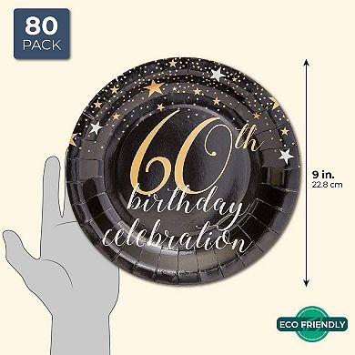 Sparkle And Bash 60th Birthday Paper Plates (80 Count), 9", Gold & Black