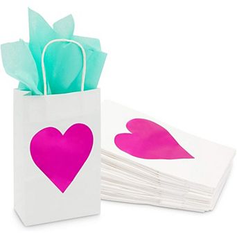 24x Valentine's Day White Gift Bags With Handles Small, Hot Pink Heart For Party