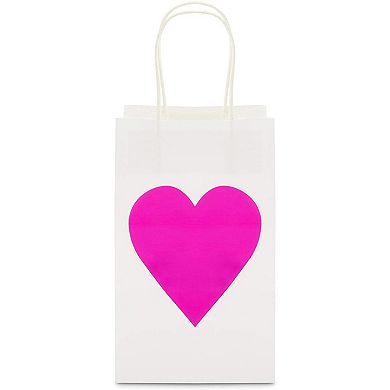 24x Valentine's Day White Gift Bags With Handles Small, Hot Pink Heart For Party