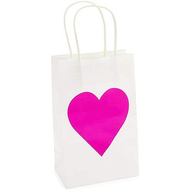 24x Valentine's Day White Gift Bags With Handles Small, Hot Pink Heart For Party