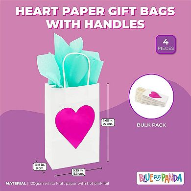 24x Valentine's Day White Gift Bags With Handles Small, Hot Pink Heart For Party