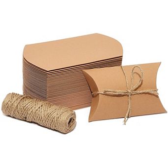 50 Pack Kraft Pillow Boxes Set With 100ft Jute Twins For Wedding Party Favor