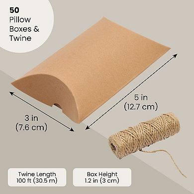 50 Pack Kraft Pillow Boxes Set With 100ft Jute Twins For Wedding Party Favor