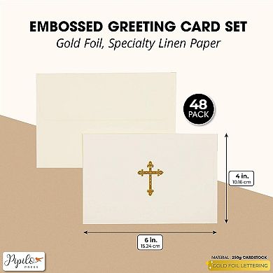 48 Pcs Gold Foil Embossed Cross Religious Blank Greeting Card Set With Envelopes