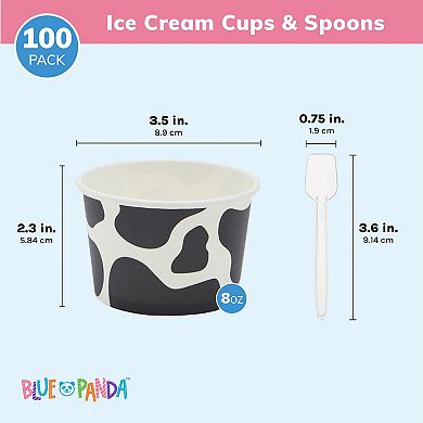 Cow Paper Ice Cream Cups With Spoons, Farm Birthday Party Supplies (8 Oz, 100x)