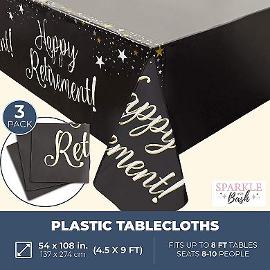3 Rectangle Plastic Tablecloths, Happy Retirement Party Table Covers 54" X 108"