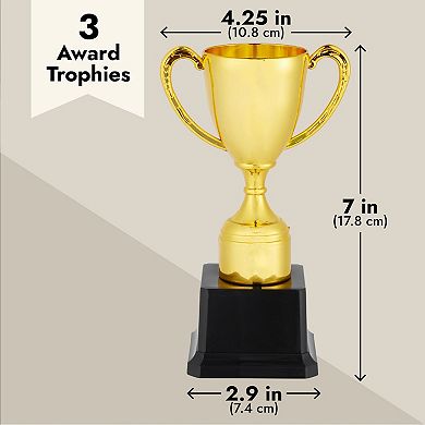 3 Pack Mini Award Trophy For Kids, Sports Birthday Party Supplies, Gold, 7 In