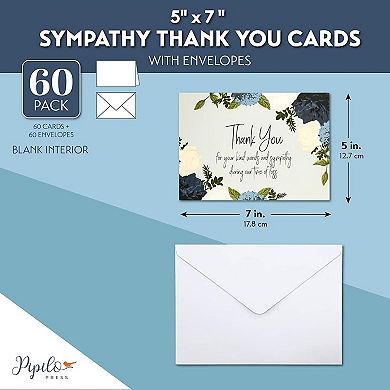 60 Pack Thank You Cards Bulk, Notes With Envelopes For Funeral , Floral 5 X 7 In