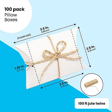 100 Pack Kraft Pillow Boxes Set With 100ft Jute Twins For Wedding Party Favor