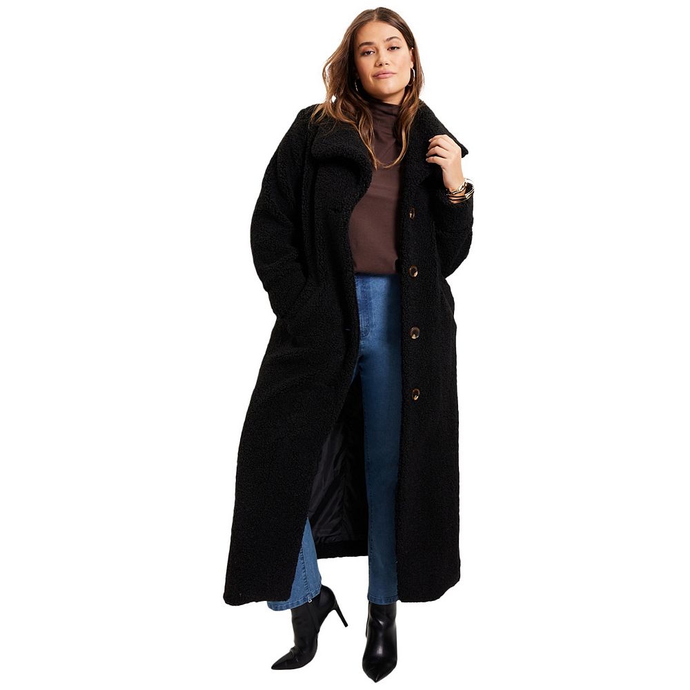 June & Vie Women's Plus Size Maxi Teddy Fleece Coat